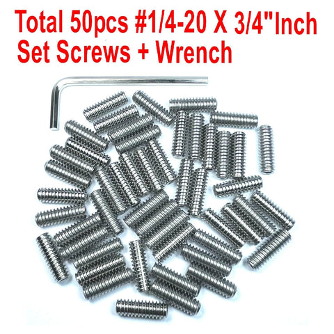 Fifty Pack Stainless Steel Hex Socket Set Screws One Quarter Twenty By Three Quarter Inch Length With Allen Head And One Eighth Inch Allen Wrench Included Built Tough For Heavy Duty Machinery And Everyday Projects shown with included Allen wrench.