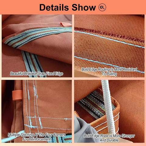 Details of Durable Orange Canvas Unloading Chute 20m Cargo Slide Tarpaulin showing reinforced stitching and braided edges.