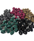 100-pack buffing wheels with metal shanks in gray, pink, green, black, and brown for rotary tool polishing