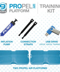 Inflatable Dog Balance Training Platform Kit 2 Pack With Dope Air Pump Straps Training Videos Ebook And Digital Log For Balance Agility And Strength Turquoise Color Made In USA showing pump, straps, USB, and platforms.