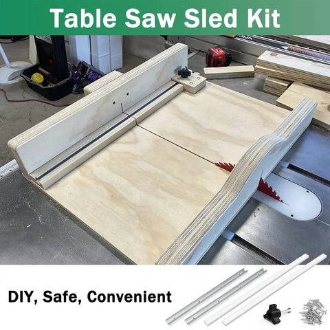 Table Saw Sled Kit For Clean Crosscuts And Repeat Length Cuts With 2 Aluminum T Tracks, 2 UHMW Miter Bars, Knobs And Screws Pro DIY Crosscut Sled
