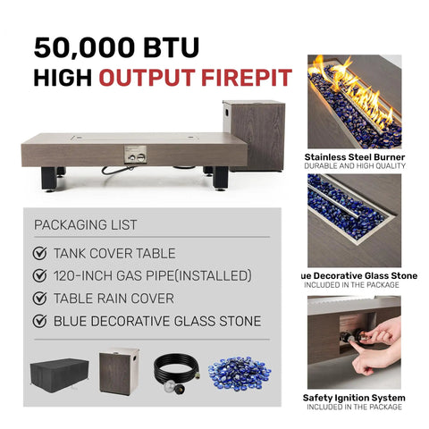 54 Inch Propane Fire Pit Table With Rain Cover For Outdoor Patio Backyard Or Deck 50 000 BTU Gas Heater Rectangular Modern Wood Look Fire Pit Durable Stainless Steel Burner Bowl Effortless Setup And Use packaging and features shown with blue decorative glass stone and safety ignition system.