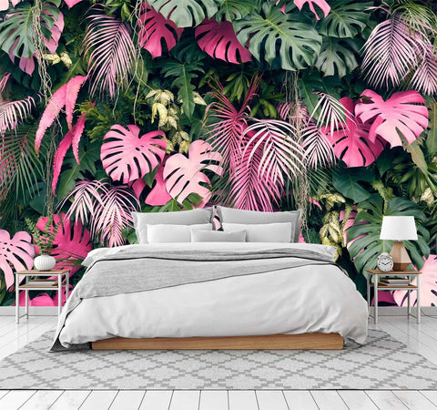 Tropical Monstera Banana Leaf Palm Leaf Wall Mural Five Panel Set 103 By 69 Inches for bedroom or living room, vibrant green and pink leaves.