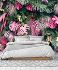 Epic Tropical Wall Mural For Bedroom And Living Room With 3D Monstera And Banana Palm Leaves Huge Green Plant Vibe 158 By 110 Inches Seven Panel Set Not Peel And Stick Glue Required behind modern bed setup