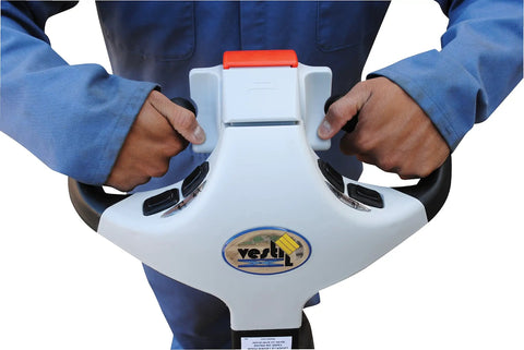 Badass Heavy Duty Electric Pallet Truck Featuring Dual 12 Volt Batteries For All Day Runtime Includes Simple Push Button Controls.