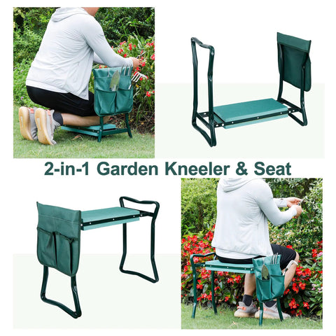 Portable Garden Kneeler And Seat With Thick EVA Foam Pad, Foldable Gardening Stool Bench With Tool Pouches, Heavy Duty Steel Frame Supports Up To 330 Lbs, Great For Yard Work And Seniors, Women And Men, Green