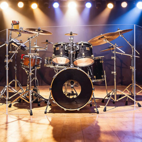 Two Pair Clear Pvc Piano Style Living Hinges Forty Eight Inch Flexible Tape For Acrylic Plexiglass And Glass Panels Perfect For Golf Carts With No Sweat Adhesiveless Installation on stage next to a drum set.