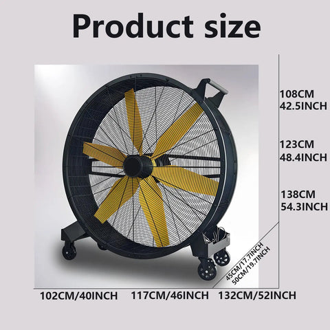 Rugged Heavy Duty Metal Floor Fan Blasting High Velocity Air And Smooth 360 Adjustable Tilt dimensions showing sizes from 40 to 54 inches.