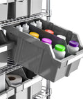 7-Tier NSF 21-Bin Steel Wire Shelving Rack With 48 W X 14 D X 56 H Gray Adjustable Leveling Feet Removable Gray Bins Beefy Heavy-Duty Garage and Workshop Storage Organizer with open gray bins on steel rack