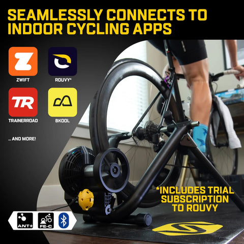 M2 Smart Indoor Bike Trainer With Zwift Compatibility, No-Fuss Wheel On Mount in home gym setup
