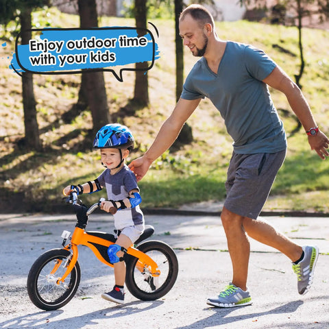 Child wearing Kids Protective Gear Set With Knee Pads Elbow Pads And Wrist Guards For Roller Skating Riding Cycling BMX Skateboarding And Scooters Youth Size Small Blue Safe Durable Comfort For Young Riders while cycling outdoors with an adult.