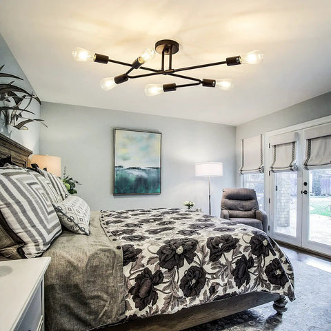 Six Light Vintage Sputnik Chandelier In Matte Black Metal Semi Flush Mount Ceiling Light Fixture for bedroom interior.