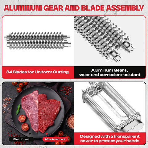 Must-Have Manual Meat Tenderizer Tool With Stainless Steel Gear, close-up of aluminum gear and blades, steak preparation