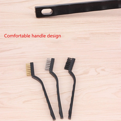 Three-Piece Mini Wire Brush Set with Stainless Steel, Nylon, and Brass Bristles, 7 Inch, Comfortable Handle Design