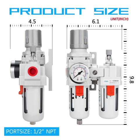 Half Inch NPT Pro Grade All In One Filter Regulator Lubricator Combo with water and oil trap, poly bowl, semi auto drain shown