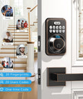 Smart Fingerprint Door Lock With Keypad And Dual Handles, No Keys Needed, Keyless Entry, on a white door with staircase background