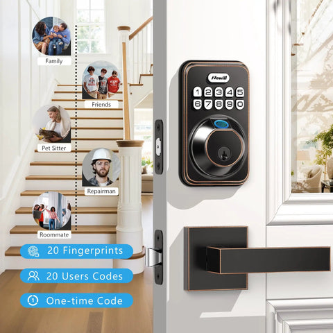 Smart Fingerprint Door Lock With Keypad And Dual Handles, No Keys Needed, Keyless Entry, on a white door with staircase background