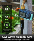 Heavy Duty Metal Garden Hose Timer with Full Flow 100 Percent Metal Pipe attached to outdoor faucet, rain delay feature visible