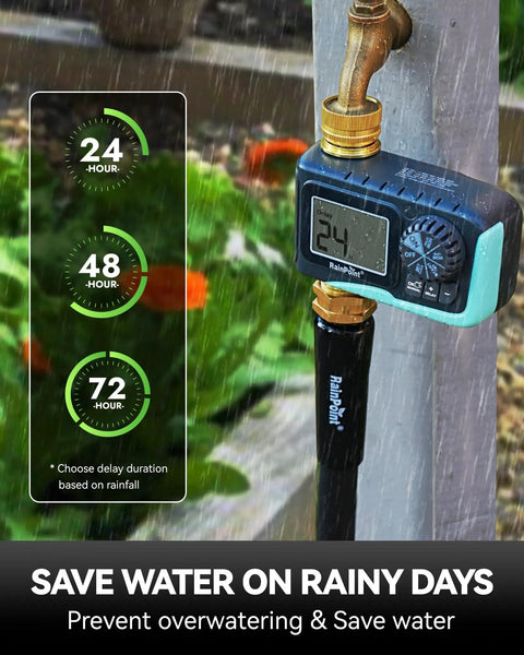 Heavy Duty Metal Garden Hose Timer with Full Flow 100 Percent Metal Pipe attached to outdoor faucet, rain delay feature visible