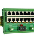 Front view of DIN Rail 8 Port Passive PoE Injector Module With RJ45 Power Over Ethernet For APs, Cams, And VoIP Phones, mounted on rail.