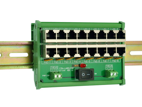 Front view of DIN Rail 8 Port Passive PoE Injector Module With RJ45 Power Over Ethernet For APs, Cams, And VoIP Phones, mounted on rail.