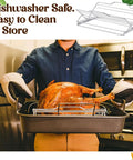 Person using Two Piece Adjustable Roasting Racks Set For Turkey And Chicken Stainless Steel V Shaped Stand in kitchen