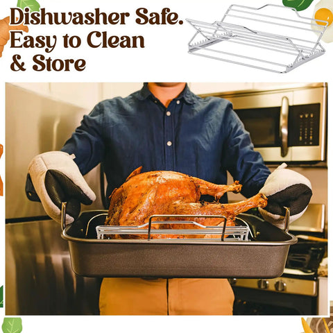 Person using Two Piece Adjustable Roasting Racks Set For Turkey And Chicken Stainless Steel V Shaped Stand in kitchen