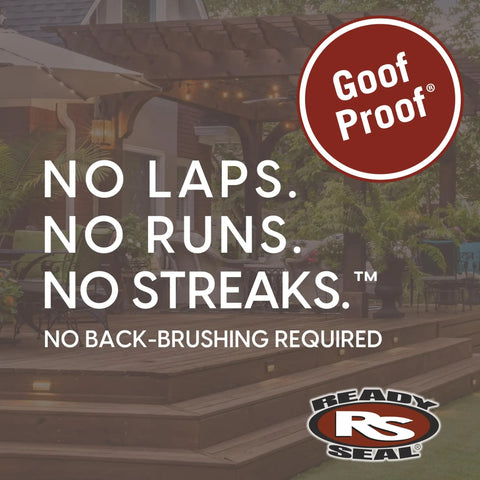 Top Shelf Dark Walnut Exterior Wood Stain and Sealer Turbo Spray System Oil Based Goof Proof Formula for Decks and Fences, Goof Proof branding on wooden deck.