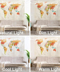 World Map Tapestry For Kids And Students Vintage Colorful Geography Wall Hanging USA Africa Europe Educational Decor shown in different lighting conditions.
