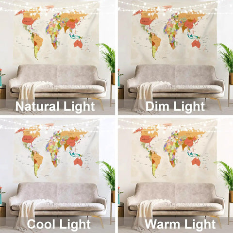 World Map Tapestry For Kids And Students Vintage Colorful Geography Wall Hanging USA Africa Europe Educational Decor shown in different lighting conditions.