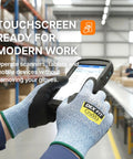 Person using touchscreen device wearing Level 5 Cut Resistant Work Gloves Cru553 With 3D Comfort Fit, grey, size M, 1 pair