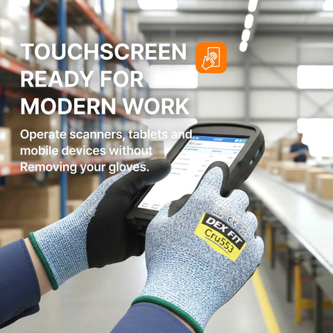Person using touchscreen device wearing Level 5 Cut Resistant Work Gloves Cru553 With 3D Comfort Fit, grey, size M, 1 pair