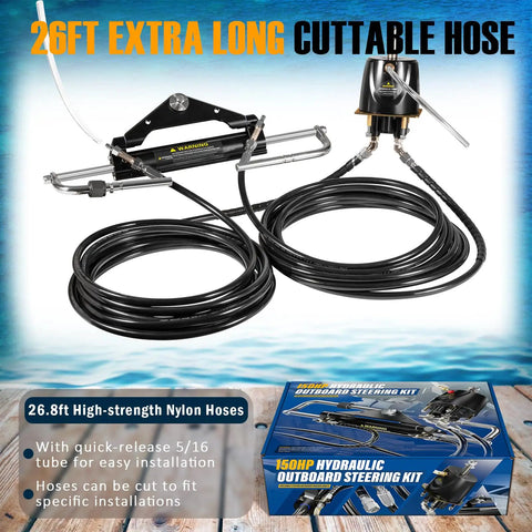 Upgrade Your Boat With A 150HP Hydraulic Outboard Steering Kit For Boats Featuring coiled 26 Ft PU hoses and pump