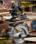 Beast Mini Circular Saw With 5.8 Amp Motor, 4-1/2 Inch Blade showing angle and depth adjustments on wood