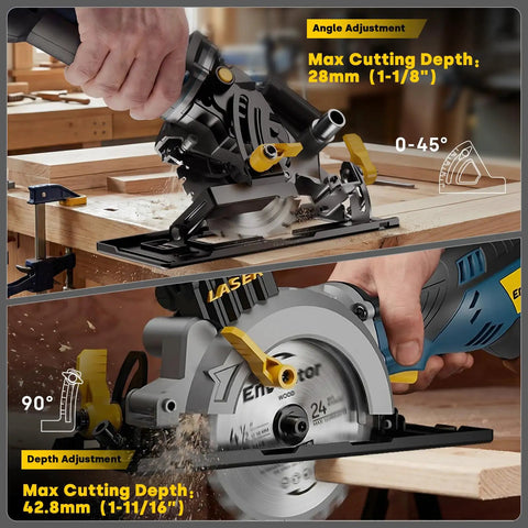 Beast Mini Circular Saw With 5.8 Amp Motor, 4-1/2 Inch Blade showing angle and depth adjustments on wood