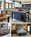 Modern kitchen, living room, and bedroom interiors showcasing stylish furniture and decor.