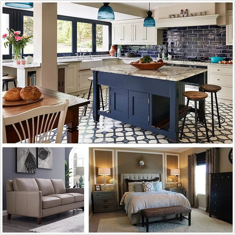 Modern interior showcasing kitchen with navy island and open living space featuring beige sofa and cozy bedroom setup.