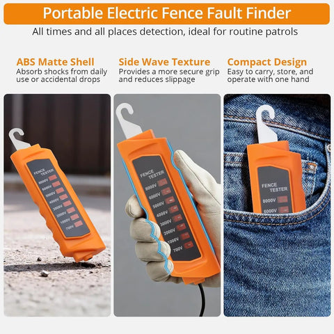 Electric Fence Voltage Tester 700V-8000V With 8 Neon Indicator Lights, compact ABS fence tester shown clipped to jeans