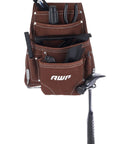 Brown tool pouch with multiple pockets holding tools, emphasizing efficient access for electricians and contractors.