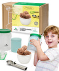 Child enjoying Science Of Cooking Ice Cream Kit For Kids: DIY Hands On Kitchen Chemistry Project with ice cream scoop and containers.