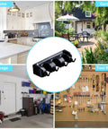 Wall Mount Mop And Broom Holder With 3 Slots And 4 Hooks shown in home, garden, garage, and tool room settings
