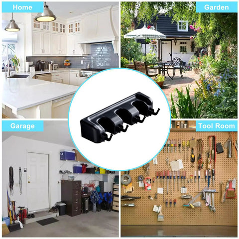 Wall Mount Mop And Broom Holder With 3 Slots And 4 Hooks shown in home, garden, garage, and tool room settings