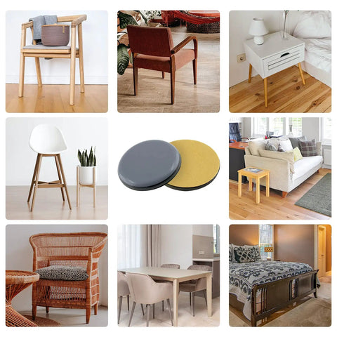 10 images showing furniture on various floors with 12 Pack 2 Inch Teflon Furniture Glide Pads Self Stick Sliders For Carpet Tile Hardwood Floors Ground Protector Round Shape Move Heavy Furniture With Ease Keeps Floors Scratch Free in center