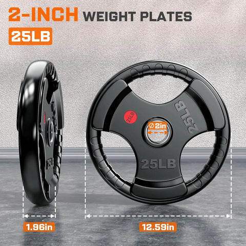 Heavy Duty 2 Inch Olympic Rubber Weight Plates For Barbell Strength Training And Weightlifting Solid Cast Iron Core With Floor Protecting Design Perfect Home Gym Bulk Up Set Pair 25 Lbs Each viewed from side and top angles.
