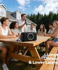 A group of friends outdoors using Dual Wireless Karaoke Microphone Set With Rechargeable Receiver, 2.4GHz Handheld Mics.