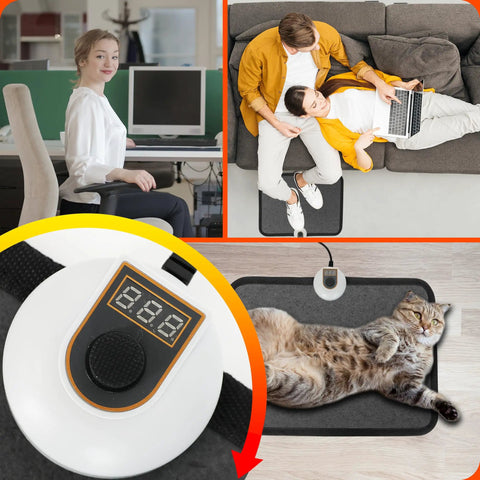 Under Desk Heated Floor Mat With 55W Power, 7 Temperature Settings, and a comfy foot warmer pad for home office comfort with cat