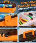 Massive 4-Layer Tackle Box Kit With 547-Piece Fishing Lures Set showing orange tackle box with hinge-actuated latch, handle, and dividers.
