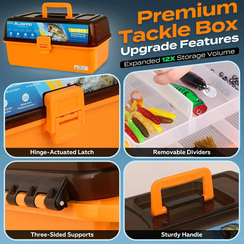 Massive 4-Layer Tackle Box Kit With 547-Piece Fishing Lures Set showing orange tackle box with hinge-actuated latch, handle, and dividers.