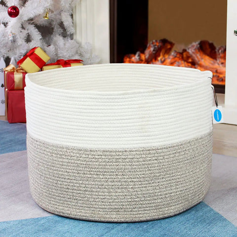 XXXL Cotton Rope Storage Basket With Handles For Blankets Towels And Pillows, Jumbo Woven Laundry Hamper, White And Brown