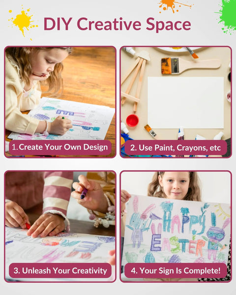 4 Pack 18x12 White Blank Yard Signs With Metal Stakes Weatherproof Corrugated Plastic Great For Rent Sale Parties Birthdays DIY Events Advertising Garden And Outdoor Use Easy Setup featuring DIY creative space with children painting signs.